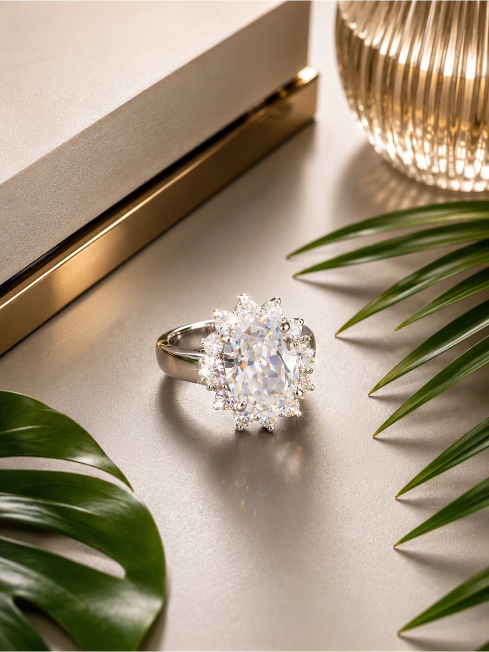 Sparkling Oval Halo Silver Ring in Clear White